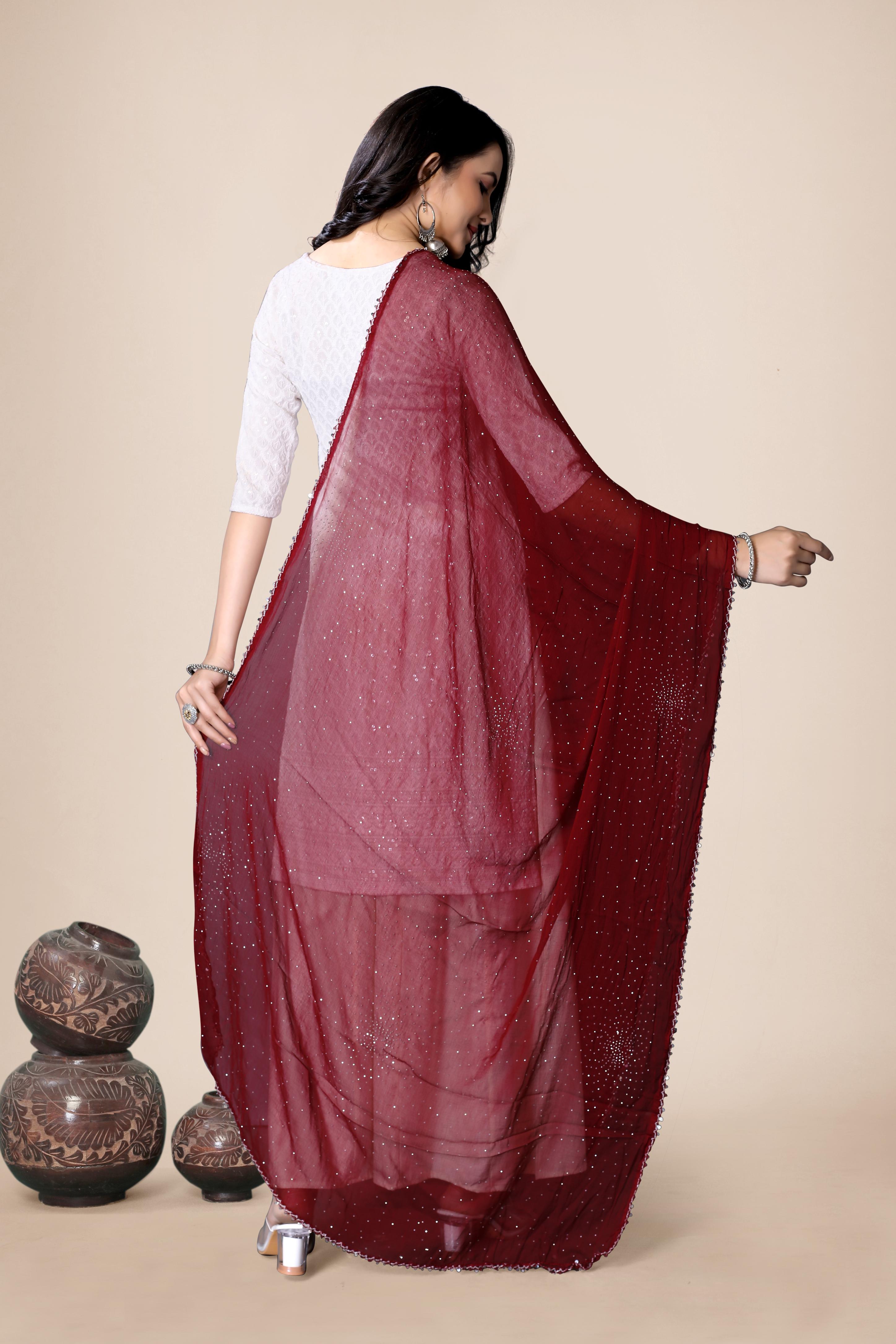 Deep Maroon Partywear Chiffon Dupatta | Shimmer Hijab for Ethnic Looks