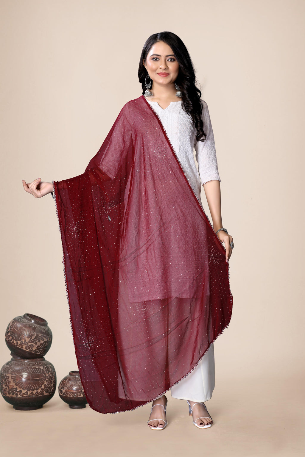 Deep Maroon Partywear Chiffon Dupatta | Shimmer Hijab for Ethnic Looks