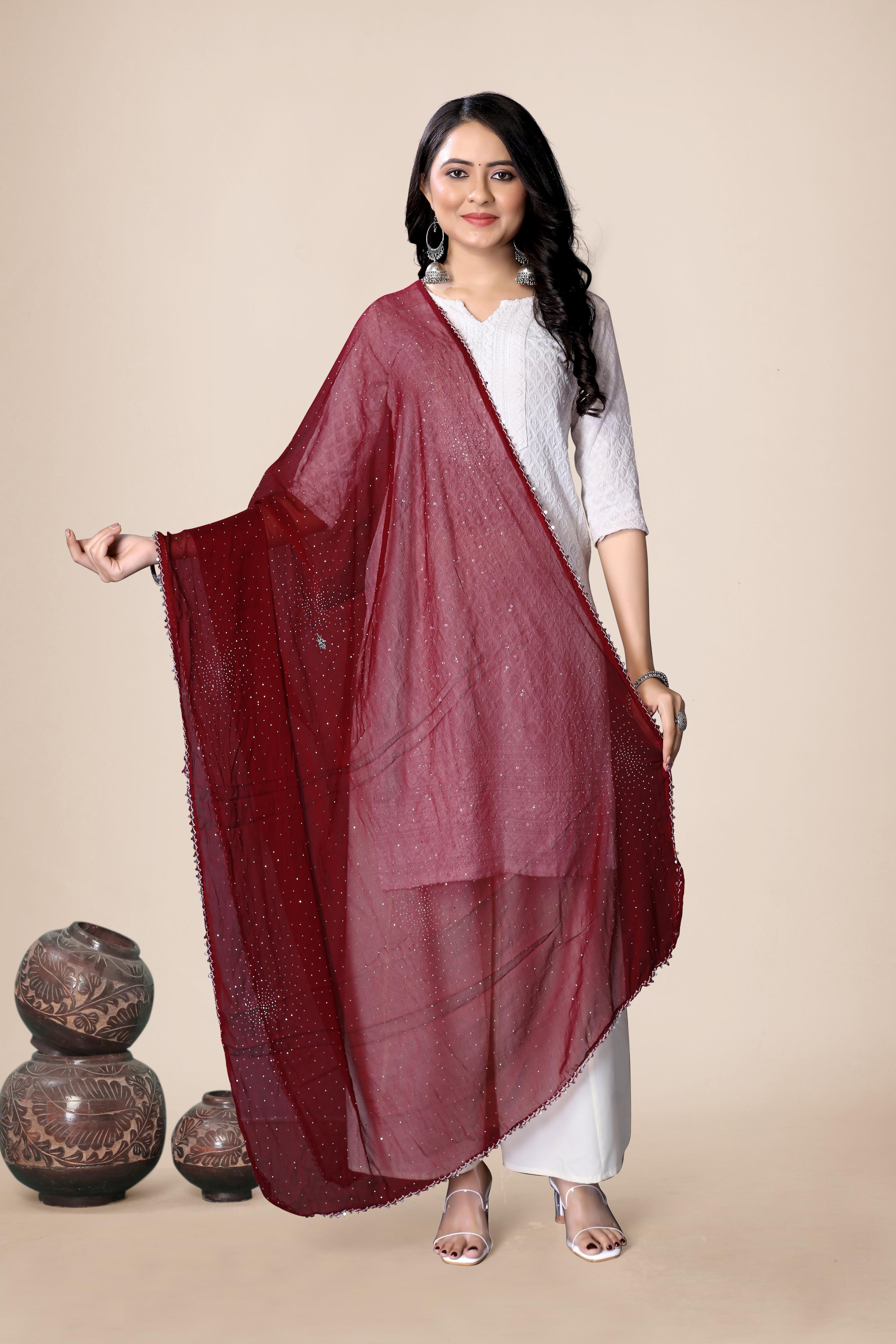 Deep Maroon Partywear Chiffon Dupatta | Shimmer Hijab for Ethnic Looks
