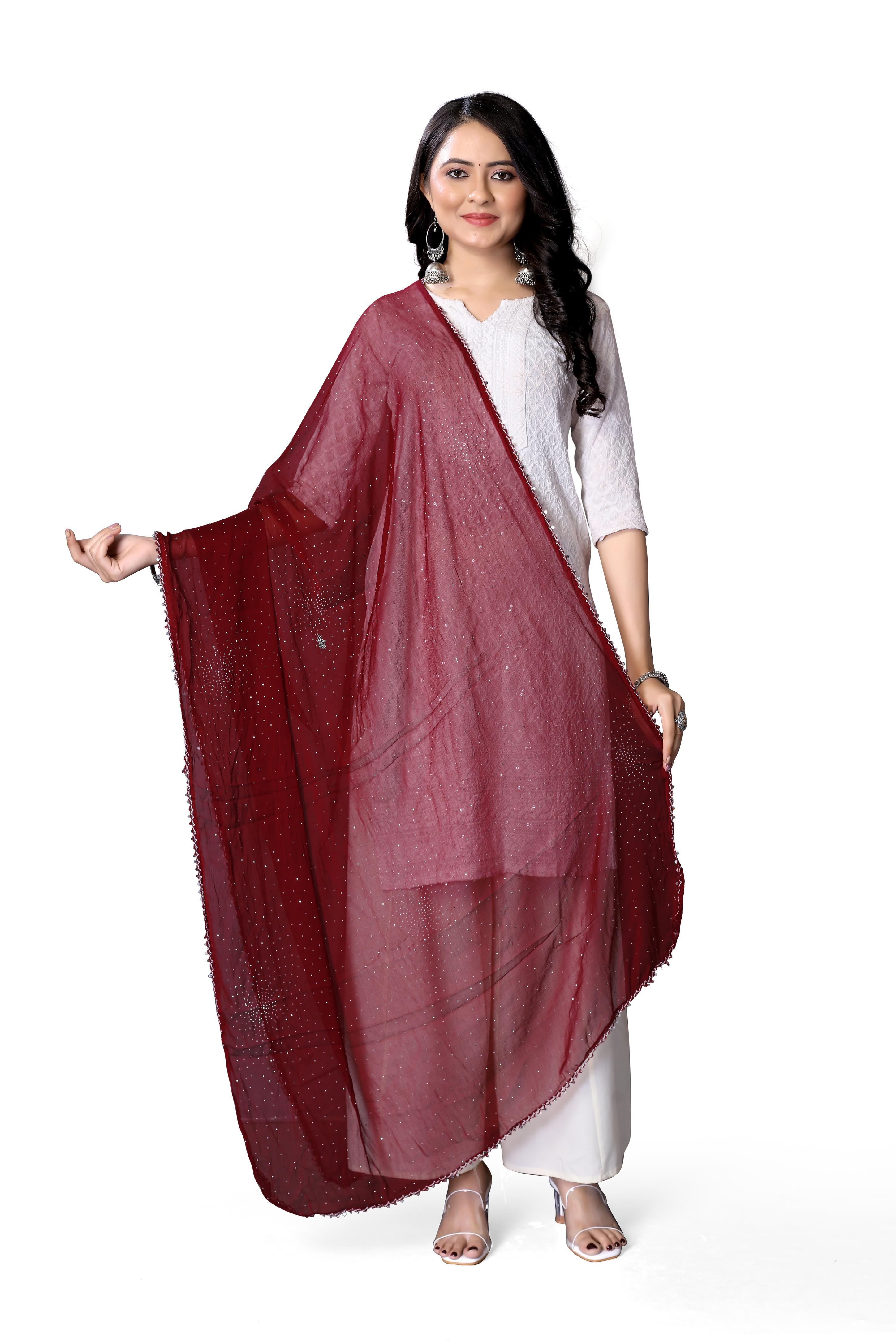 Deep Maroon Partywear Chiffon Dupatta | Shimmer Hijab for Ethnic Looks