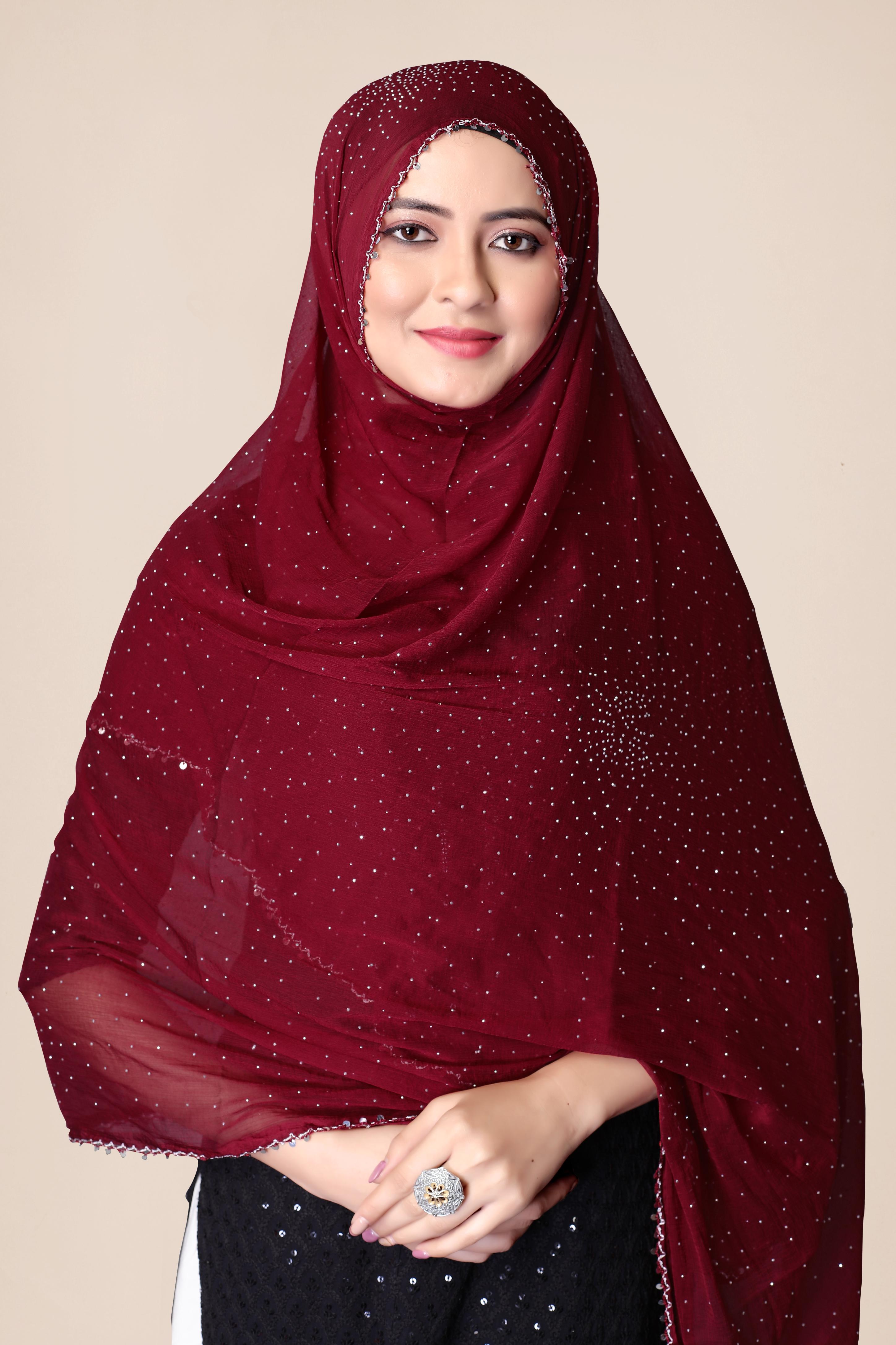 Deep Maroon Partywear Chiffon Dupatta | Shimmer Hijab for Ethnic Looks