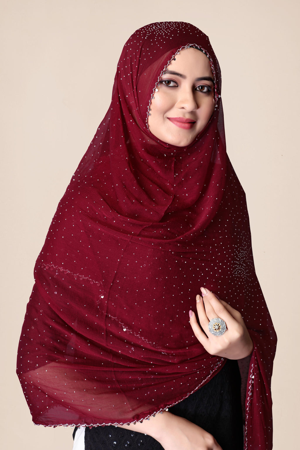 Deep Maroon Partywear Chiffon Dupatta | Shimmer Hijab for Ethnic Looks