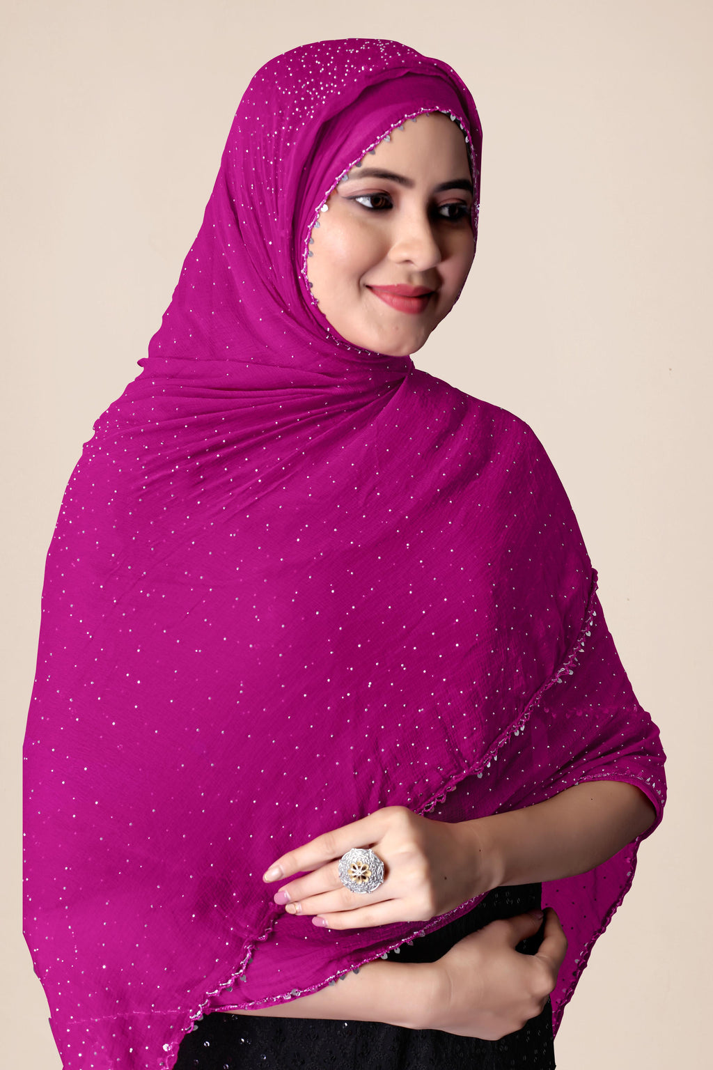 Rani Pink Glitter Chiffon Dupatta | Festive Hijab for Statement Style