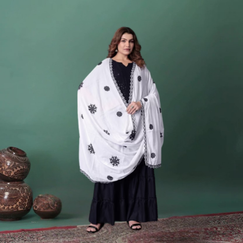 White Cotton Hijab/Dupatta with Black Embroidery | Soft & Sophisticated Look