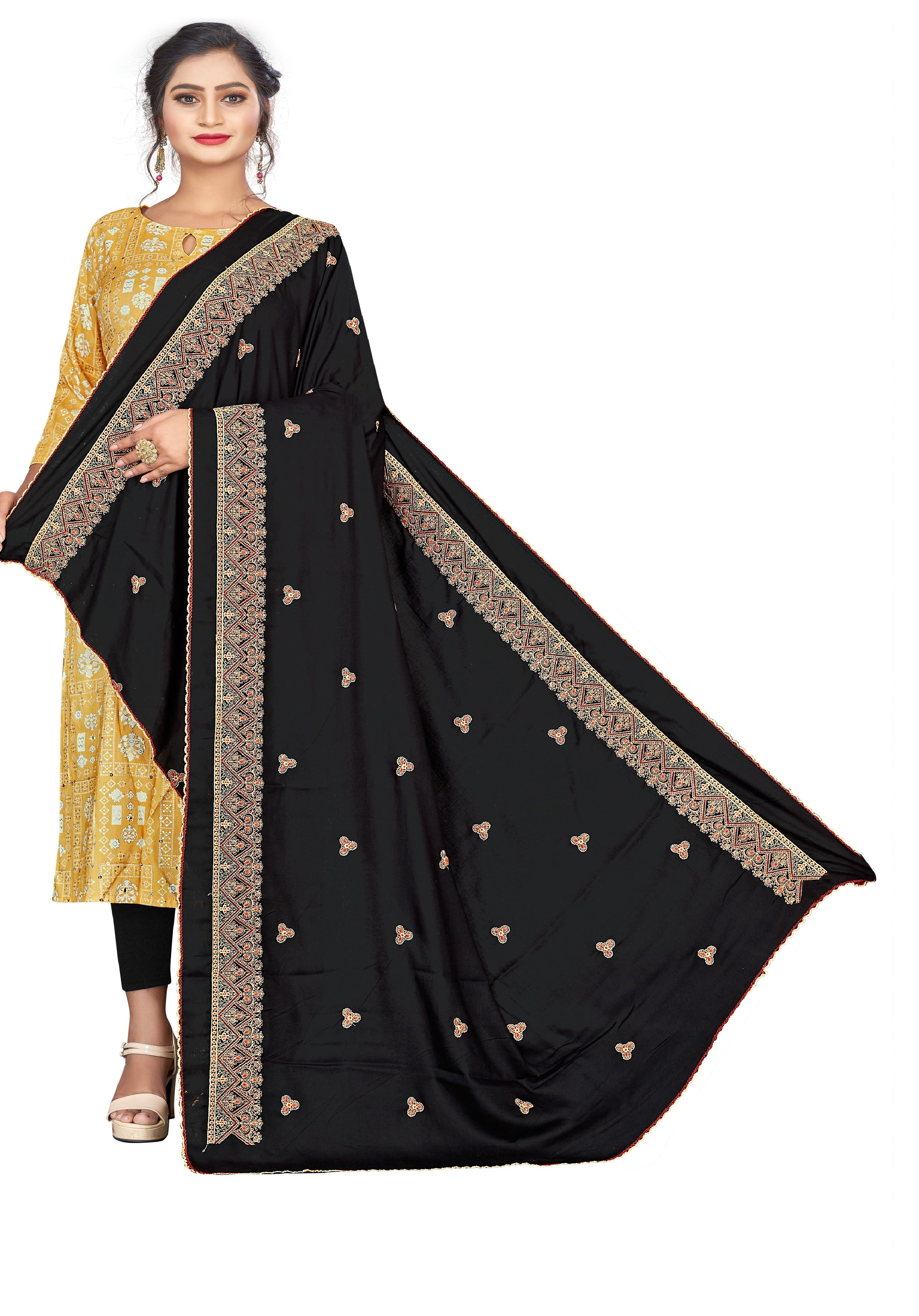 Premium Black Hijab with Heavy Golden Border Embroidery