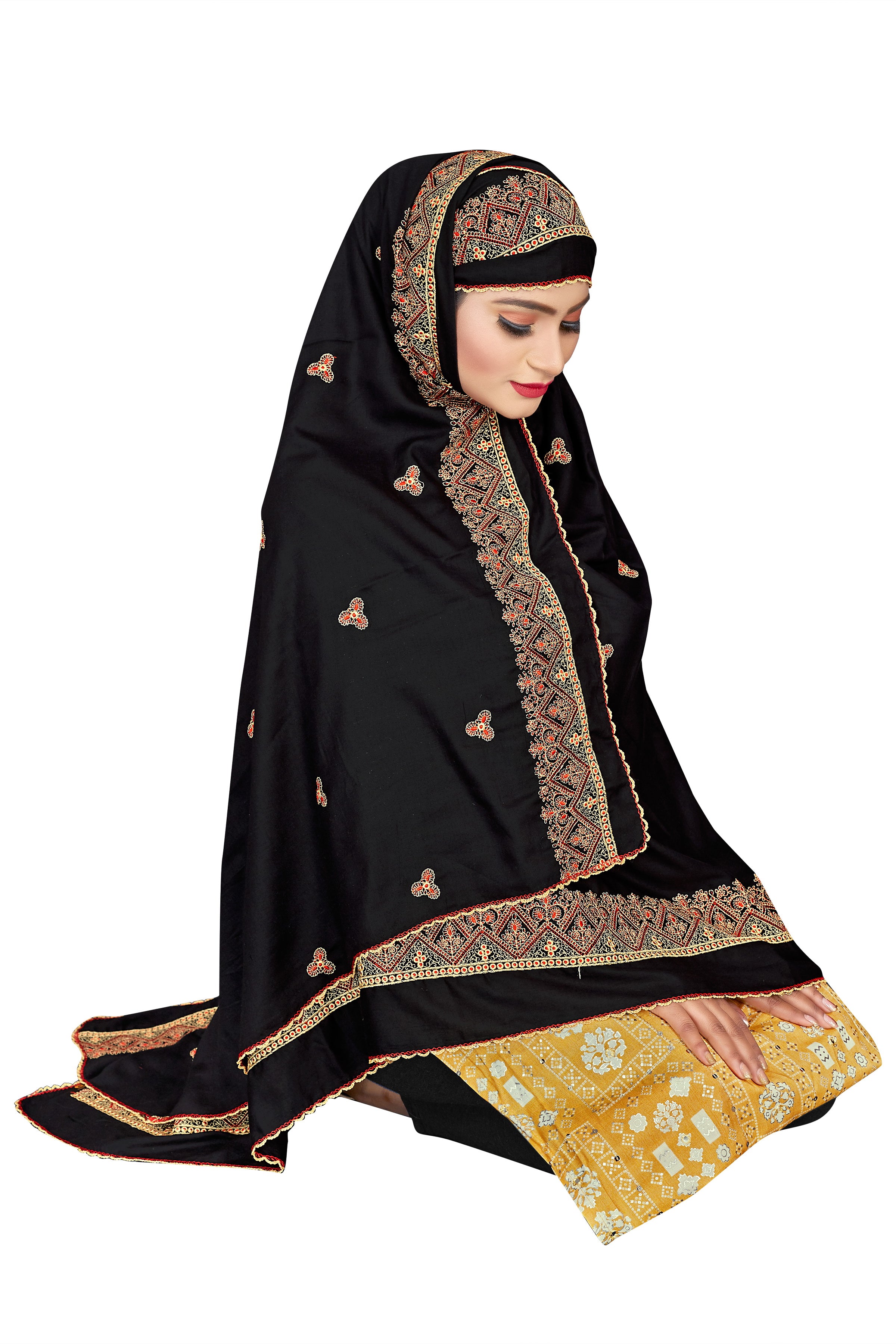 Premium Black Hijab with Heavy Golden Border Embroidery