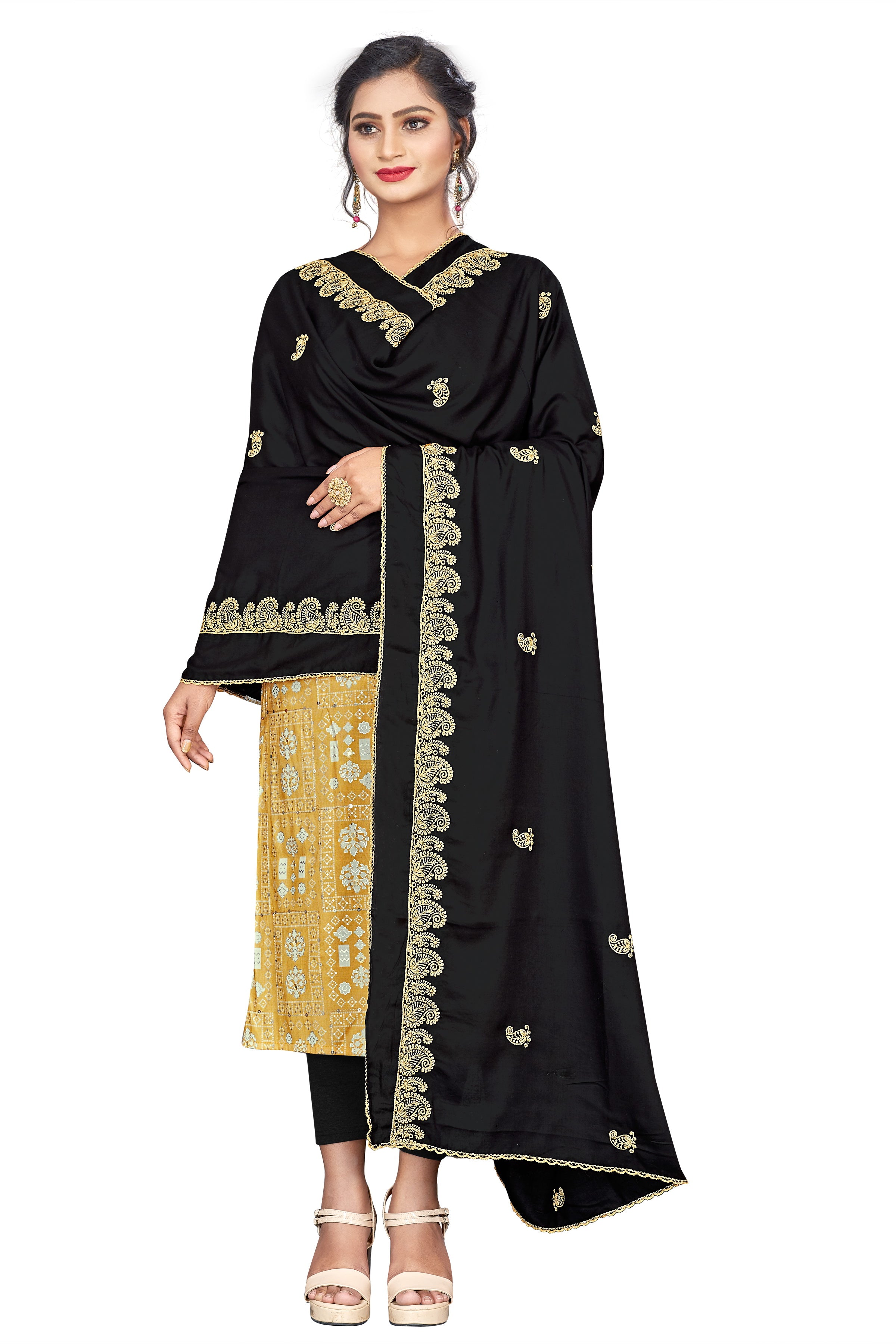 Artisanal Elegance: Black Rayon Cotton Hijab with Handcrafted Embroidery