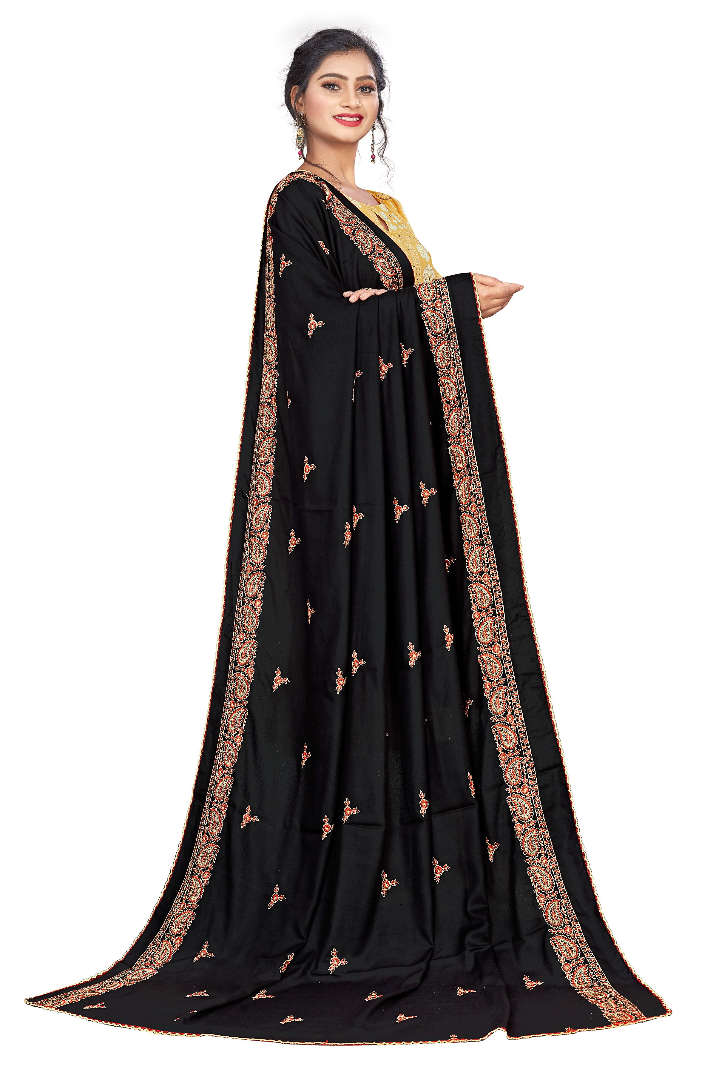 Elegant Full-Length Black Hijab with Traditional Embroidered Border