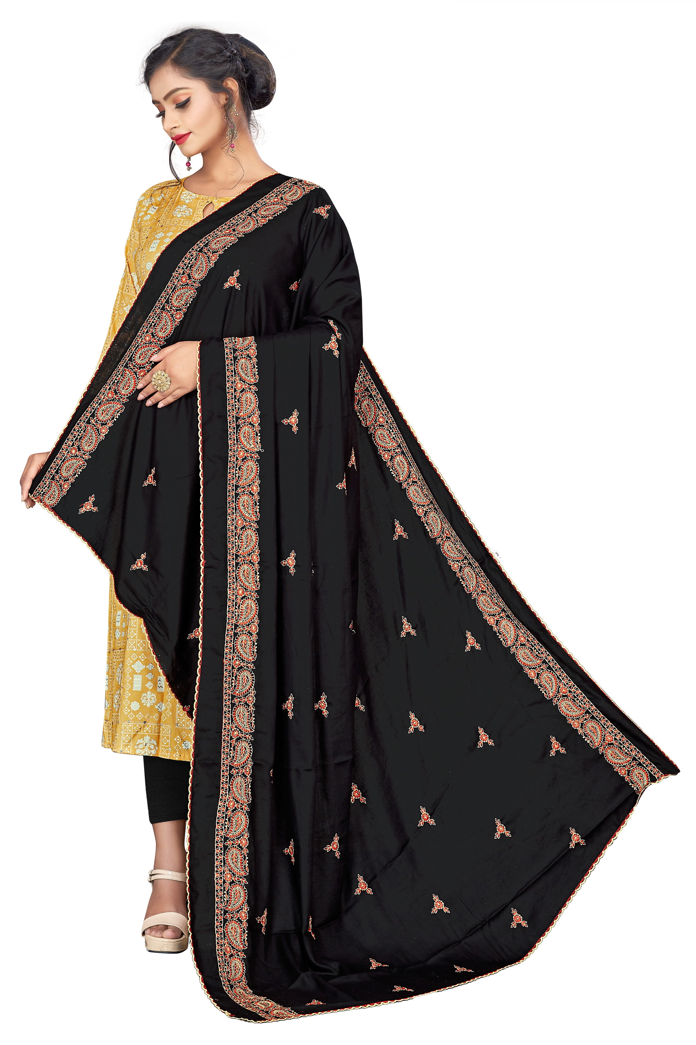 Elegant Full-Length Black Hijab with Traditional Embroidered Border