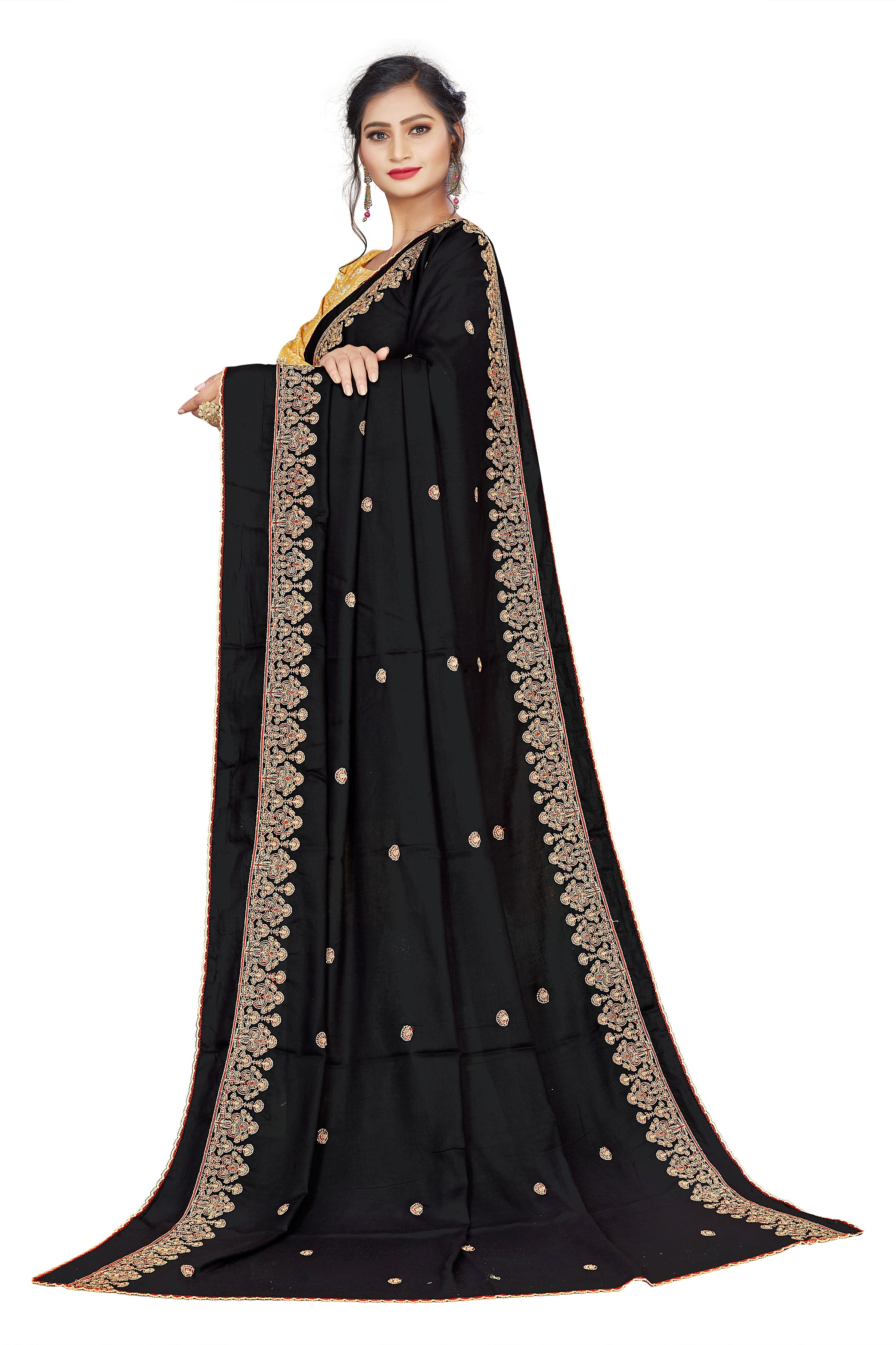 Royal Black Hijab with Golden Leaf Embroidered Border
