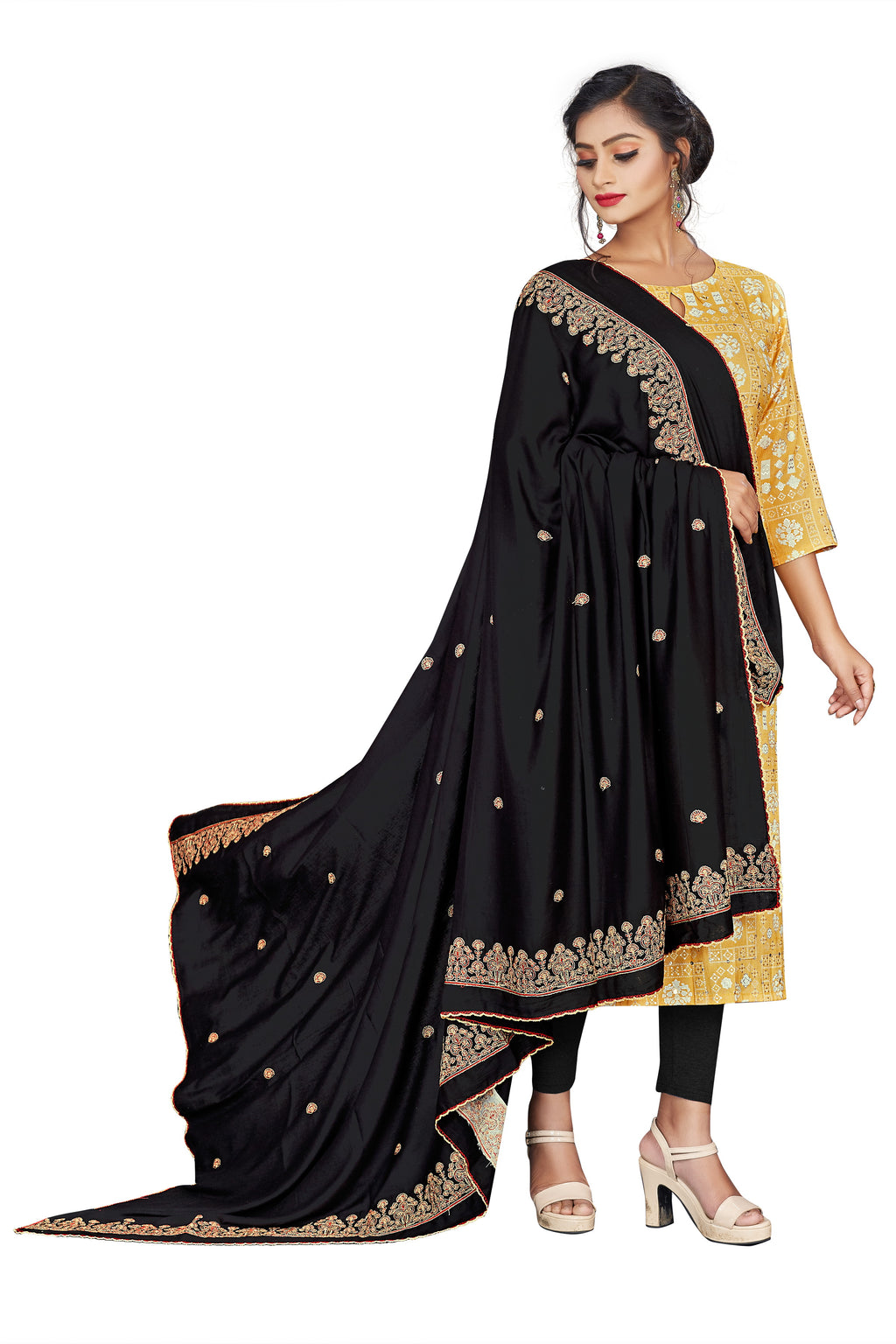 Royal Black Hijab with Golden Leaf Embroidered Border