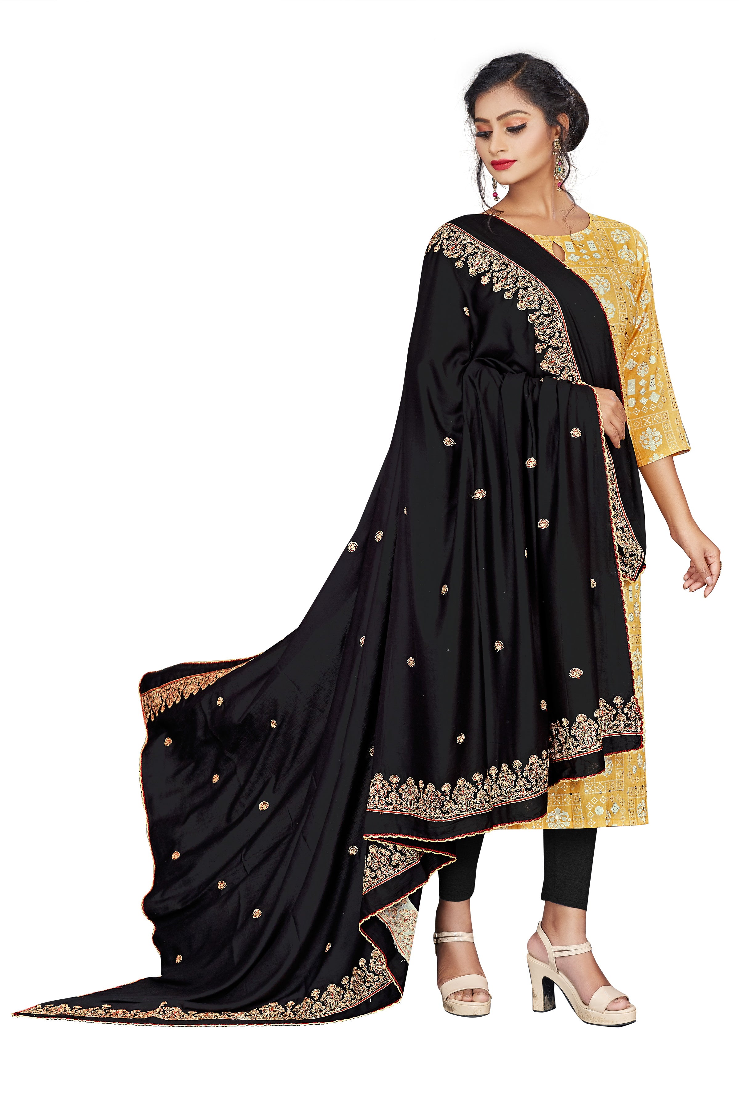Royal Black Hijab with Golden Leaf Embroidered Border