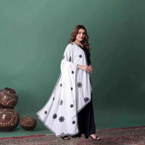 White Cotton Hijab/Dupatta with Black Embroidery | Soft & Sophisticated Look
