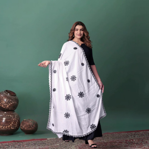 White Cotton Hijab/Dupatta with Black Embroidery | Soft & Sophisticated Look
