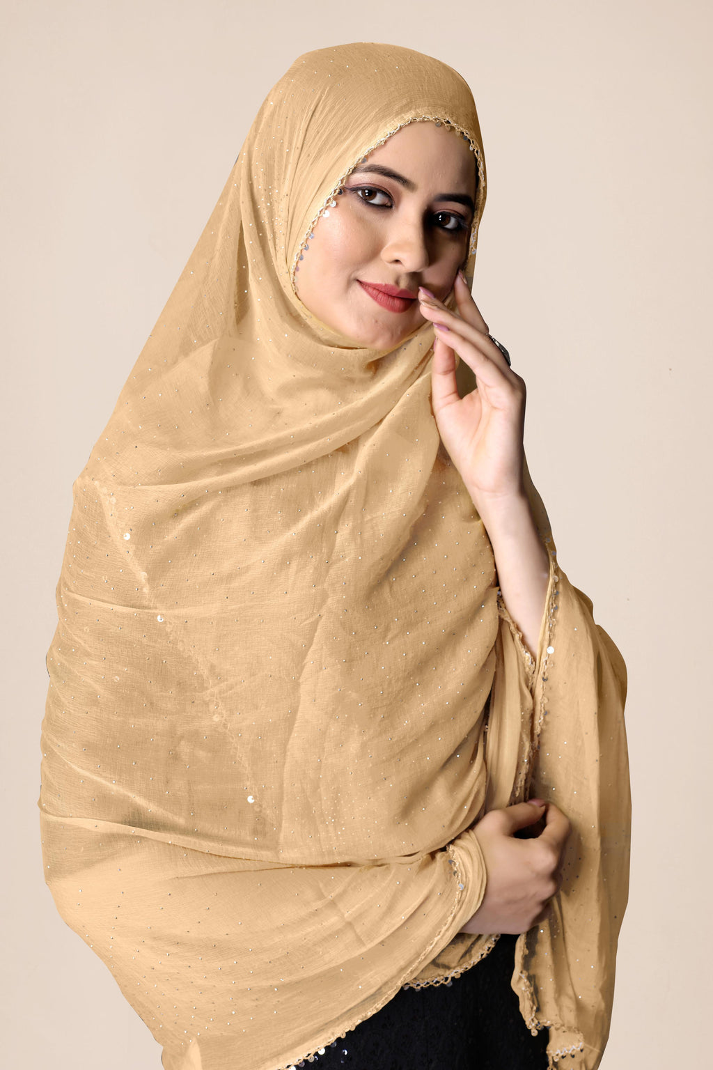 Chiku Beige Fancy Chiffon Dupatta | Stylish Hijab Wrap for Women