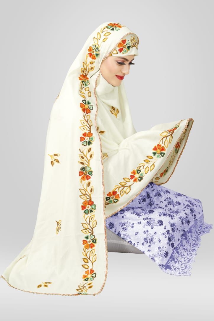Timeless Tradition: WHITE Rayon Cotton Hijab with Classic Embroidery Detailing
