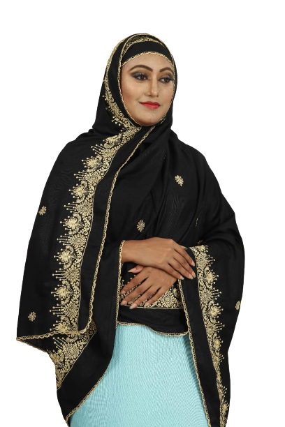 Embrace Elegance: Black Rayon Cotton Hijab with Intricate Islamic Embroidery